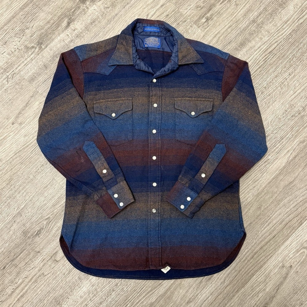 Vtg Pendleton Wool Brushpopper Western Shirt Pearl Snap Stripe USA Women's LG